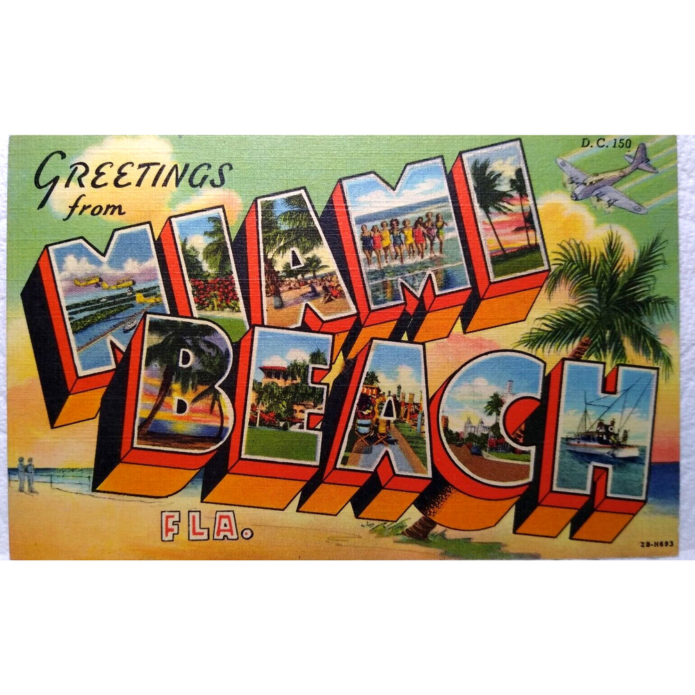 Greetings From Miami Beach Florida Large Letter Linen Postcard Curt Teich Plane